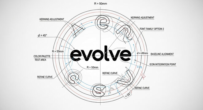 Blueprint design showcasing "evolve" word, surrounded by circular font variations and design elements, illustrating process of logo creation and refinement