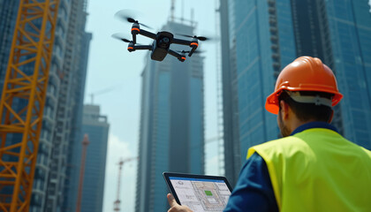 Construction worker monitors drone flying near building site. Man in helmet, vest uses tablet. Drones inspect infrastructure, real estate. Modern tech for urban development, civil engineering.
