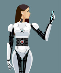 A beautiful brown-haired biorobot girl with wireless headphones and a modern mobile phone in her hand. Vector realistic illustration in flat style