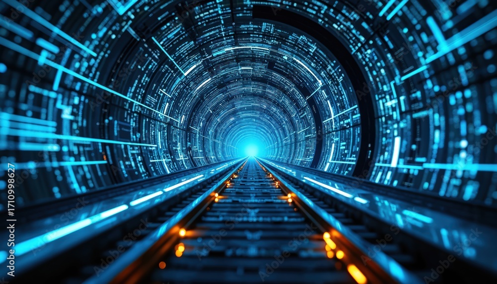 Poster abstract futuristic tunnel with glowing blue data streams on train tracks. fast digital transport co