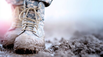 Soldier walking through muddy terrain during training exercise in the field