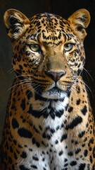 Naklejka premium Close-up portrait of a leopard, showcasing its intricate spotted coat and intense gaze.