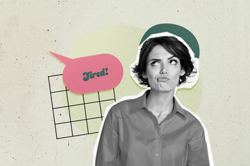 Banner 3d art pop image collage of puzzled businesswoman inexperienced employee inflation problem bubble speech dismissal