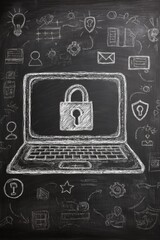 Laptop illustration featuring a padlock symbol on the screen, surrounded by various security icons and elements, representing digital safety and cybersecurity concepts in a creative design