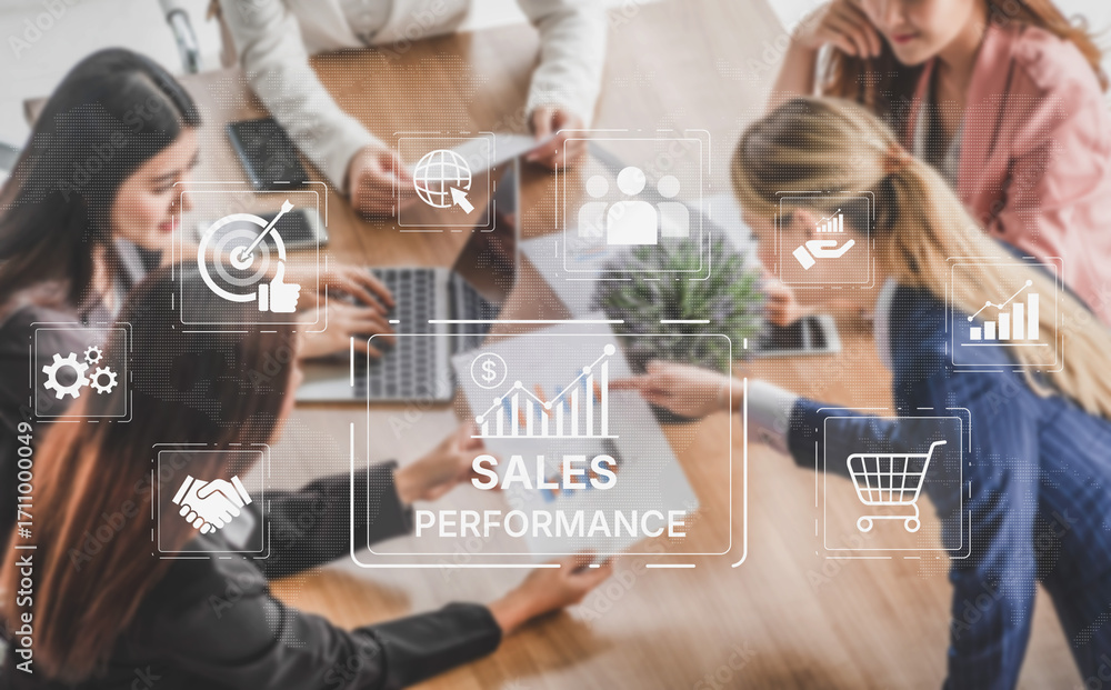 Poster digital sales performance dashboard showing sales performance metrics, performance trends, sales per