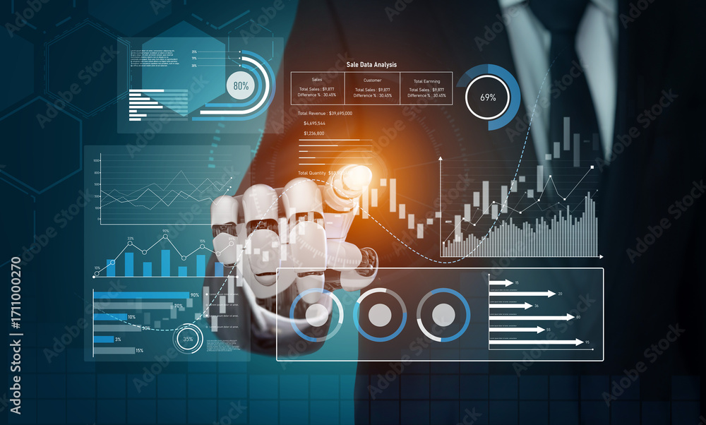 Poster ai analyzing sales data dashboard, visualizing performance metrics, detecting trends, and generating