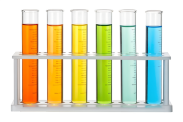 Colorful liquids in laboratory test tubes arranged in a rack, showcasing scientific research and experiments with vibrant chemical solutions