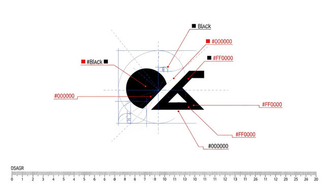 Geometric logo design mockup, showcasing black & red color palette,  precise construction lines, and free space for text, suitable for branding or identity projects