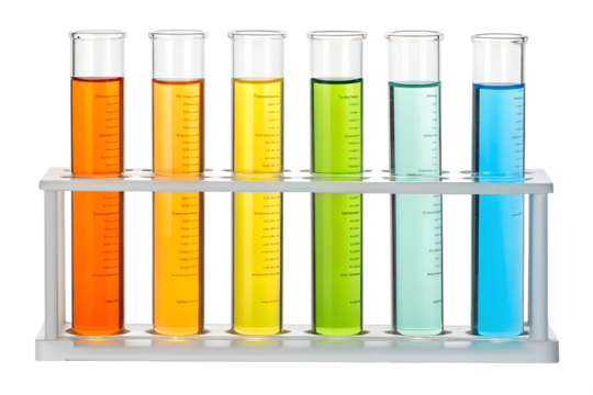 Colorful liquids in laboratory test tubes arranged in a rack, showcasing scientific research and experiments with vibrant chemical solutions