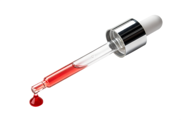 A clear glass dropper with vibrant red liquid, a perfect crimson drop falling, symbolizing precision in science, cosmetic formulation, and medical research