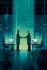 Two business professionals in lab coats are shaking hands in a futuristic office environment, with glowing screens and digital elements creating a high-tech atmosphere