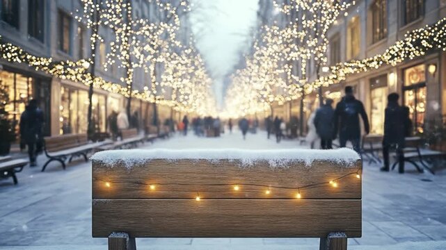 Snow-covered bench adorned with lights in a bustling winter street filled with holiday shoppers