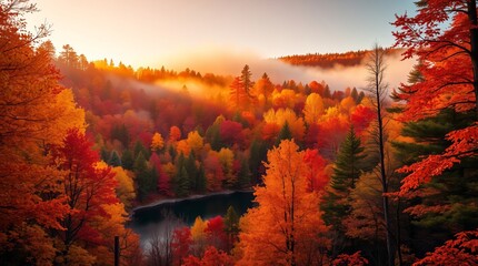 Vibrant autumn landscape with colorful trees and misty hills in the early morning light