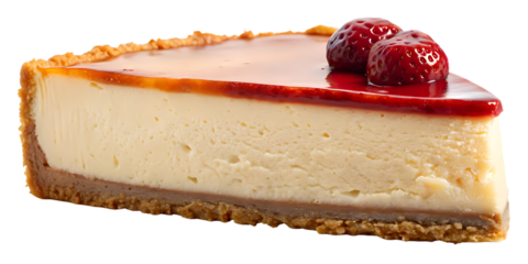A delicious slice of cheesecake isolated on transparent background, topped with a glossy red glaze and two fresh, ripe strawberries