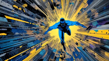 Dynamic superhero character in blue costume, bursting through a vibrant explosion of colors and shapes, showcasing action and energy in a comic book style illustration