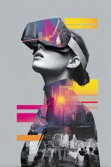 Female model wearing virtual reality headset, immersed in digital experience, with vibrant colors and cityscape overlay, showcasing the future of technology and innovation in immersive environments
