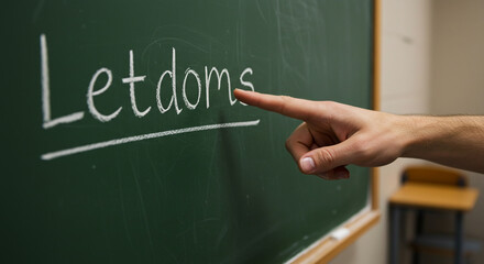 A hand points at the word "Letdoms" written on a green chalkboard, possibly in a classroom.