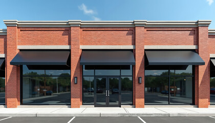 Modern retail storefront building with red brick facade under clear blue sky. Large glass windows, sleek black awnings, central double doors. Clean empty commercial property. New business shop awaits