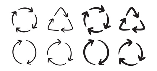 Recycle arrow icon or using recycling resources doodle hand drawn symbol. Outline drawing recycle arrow line clipart symbol