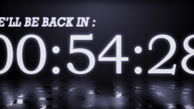white clean countdown for be right back screen, 00:59 minute timer, tech aesthetic for gaming, stream, live, retro style.