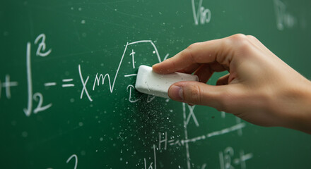 Hand erasing complex mathematical equations written in chalk on a green chalkboard.