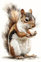 Obraz premium Cute hand-drawn squirrel illustration, holding an acorn, isolated on white background.