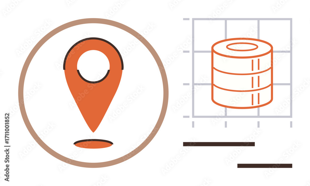 Fototapete map pin inside a circle paired with stack graph on a grid, representing data, analytics, geoinformat