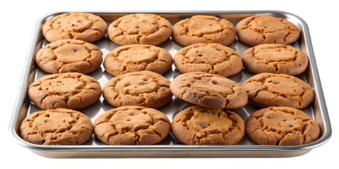 A tray full of freshly baked peanut butter cookies isolated on transparent background, perfect for a sweet treat or snack any time of day