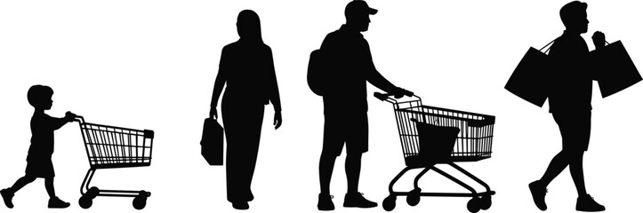 Silhouette of people shopping with carts and bags, family shopping activity, retail consumer lifestyle, supermarket, market, store, mall illustration