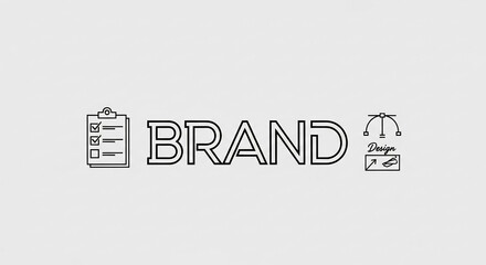 Simple graphic design showcasing the word "BRAND" flanked by checklist and design icons, suggesting branding strategy and process, ideal for business and marketing concepts