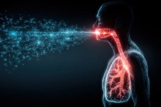 Abstract futuristic illustration of glowing lungs and throat, human figure coughing with particles spreading outward symbolizing respiratory infection and disease transmission - Powered by Adobe