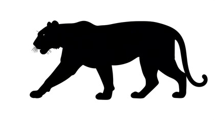 Naklejka premium Bold silhouette of a walking tiger, showcasing a powerful profile view against a stark white background.