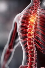 Detailed 3D visualization of painful human spine with glowing vertebra highlighted in transparent silhouette