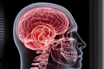 Medical conceptual visualization of ear infection spreading inside skull, glowing ear canal and red brain effect.