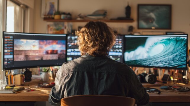 Male graphic designer with curly hair is working at a desk with multiple monitors displaying vibrant images, showcasing creativity and digital artistry in a modern workspace - Powered by Adobe