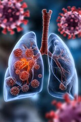 Surreal visualization of pneumonia infection, transparent lungs with glowing congestion areas and red virus particles spreading inside respiratory system