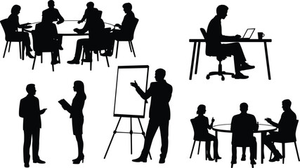 Silhouettes of business people in meetings, presentations, teamwork discussions, office communication, brainstorming, and corporate collaboration around tables and boards
