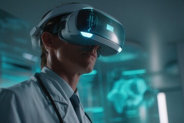 Doctor wearing virtual reality headset in futuristic digital environment, concept of innovative medicine, telemedicine and technological simulation for healthcare