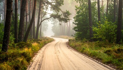 Obraz premium A winding dirt road meanders through a misty forest, bathed in soft morning light, showcasing the tranquil beauty of the woods.