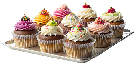 Assorted cupcakes with colorful frosting and sprinkles on a silver tray, isolated on transparent background, perfect for a party or special occasion