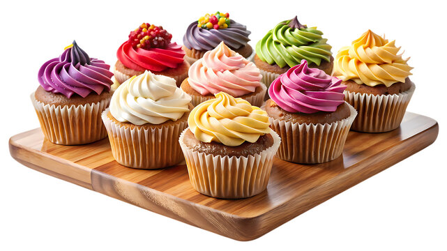 An exquisite collection of cupcakes on a wooden board isolated on transparent background, showcasing a variety of flavors and vibrant frosting designs