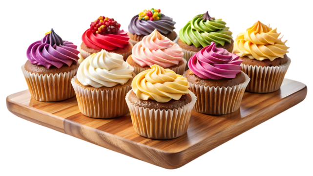An exquisite collection of cupcakes on a wooden board isolated on transparent background, showcasing a variety of flavors and vibrant frosting designs