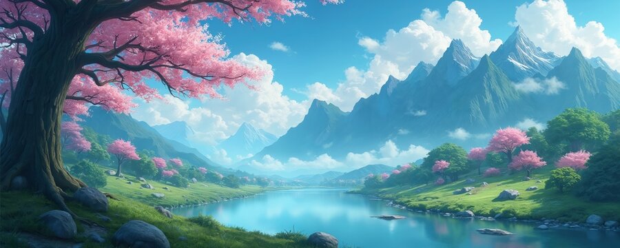 Serene mountain landscape with calm river and blooming cherry trees under blue sky with clouds. Rich green hillsides and rocky shores lead to distant peaks. Nature beauty in spring season.