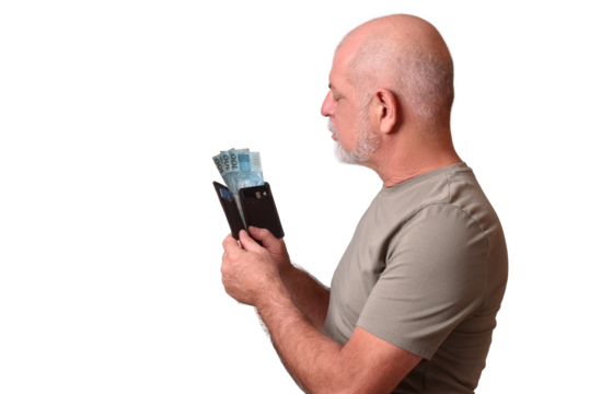 Financial value of Brazilian real notes. Man holding money in cedula. Economy.