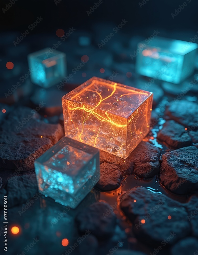Poster glowing cubes with internal energy rest on rough, wet ground. orange and blue light emanates from wi