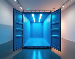Empty blue shipping container interior open to gallery space with bright neon tube lights. Minimalist, modern storage unit with clean lines and reflective floor.