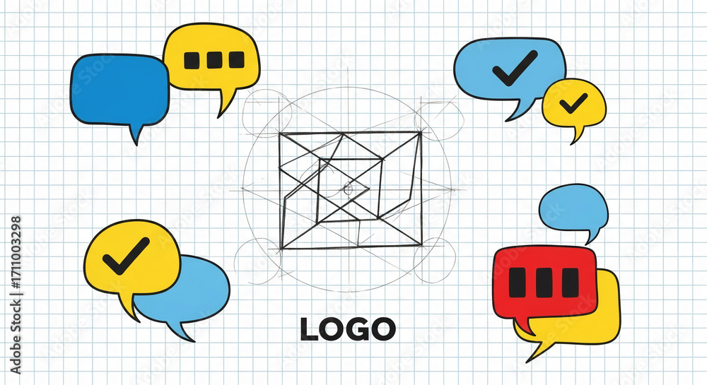 Poster sketch-style logo design with speech bubbles, suggesting communication and branding concepts. free s