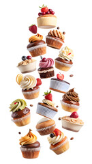 A delightful assortment of cupcakes falling and floating in the air isolated on transparent background, perfect for any celebration or sweet craving