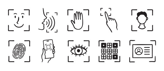 biometric scanning icon set. Identification individual by eye, fingerprint, or pass doodle hand drawn icon. Outline drawing ID verification line clipart symbol