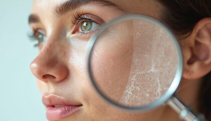 Young woman face close-up with magnifying glass. Shows dry, flaky skin on cheek. Girl examines skin condition. Highlights beauty, dermatology, hydration, care needs. Female facial problem needs